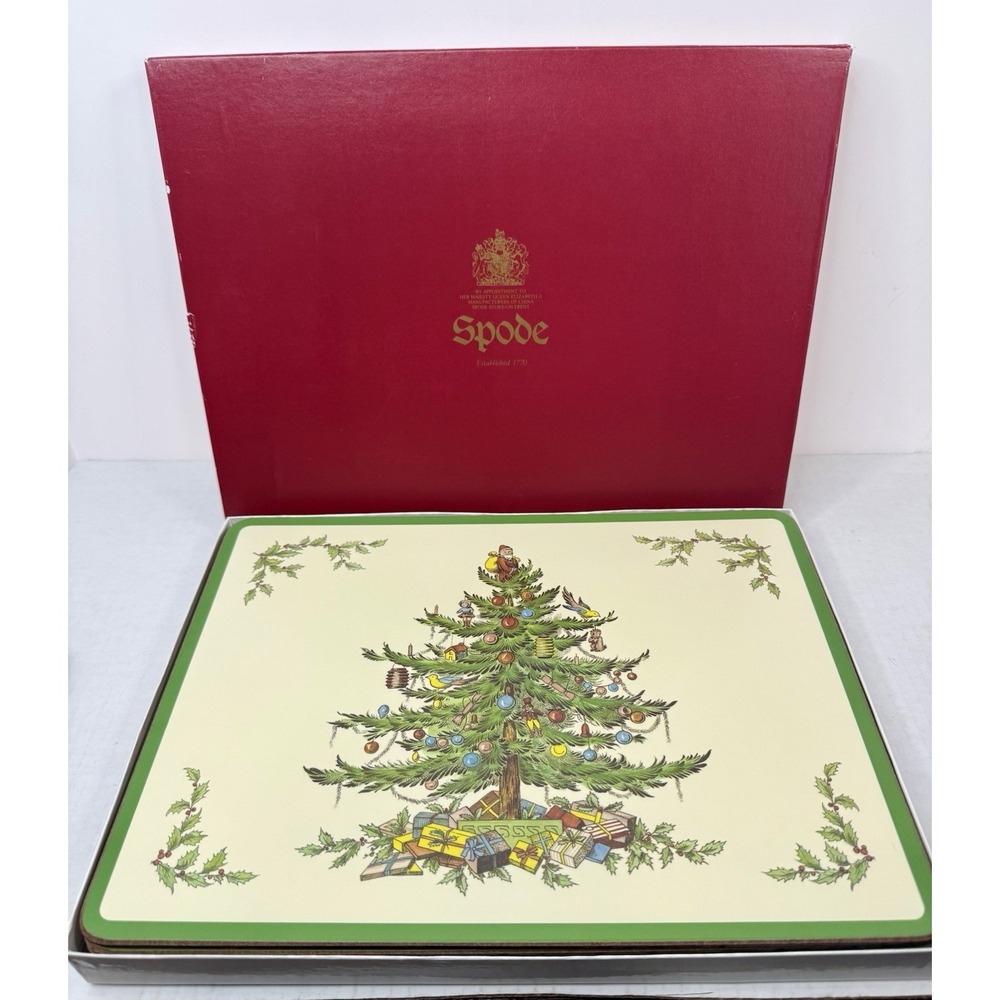 Spode Christmas Tree Pimpernel Hard Cork Back Placemats‎ 11" By 9" Set 6